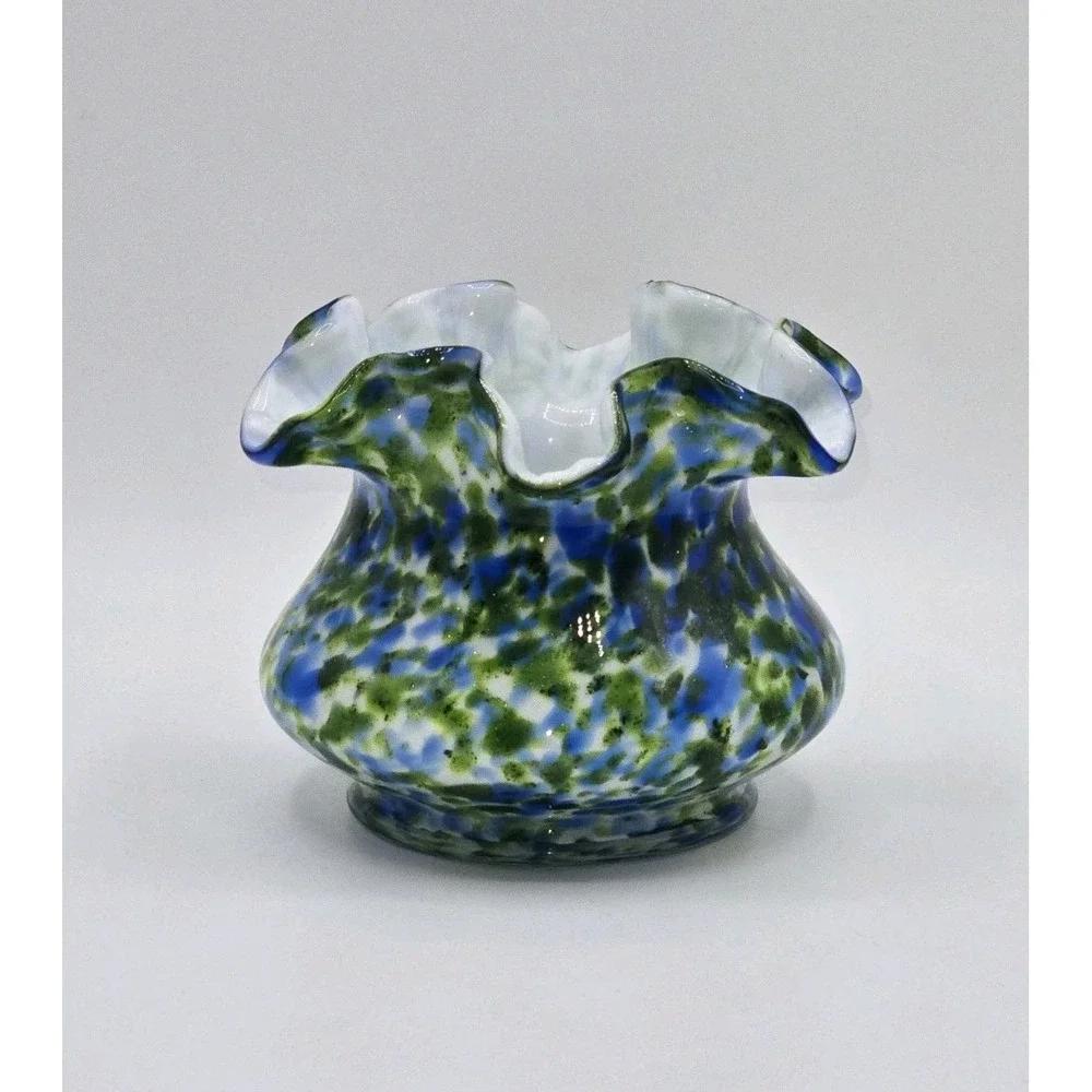 Fenton Glass Murrhina Art Glass Vase Blue Green Spatter Ruffled Rim